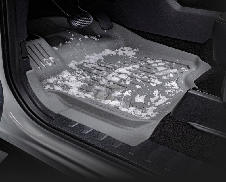 Grey FloorLiner HP in car with snow on top